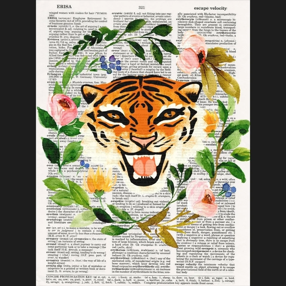 Tiger Floral Tropical Dictionary Art Print